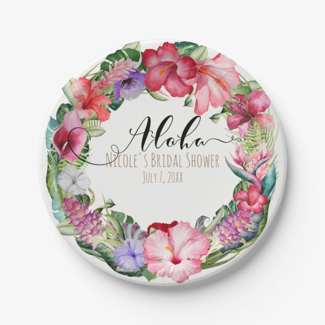 Aloha Tropical Floral Wreath Luau Wedding Party Paper Plate (Front)