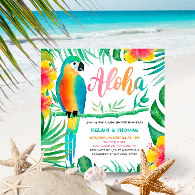 Aloha Tropical Flower Parrot Square Baby Shower Invitation (Creator Uploaded)