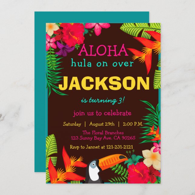 Aloha Tropical Flowers Hibiscus luau Birthday Invitation (Front/Back)