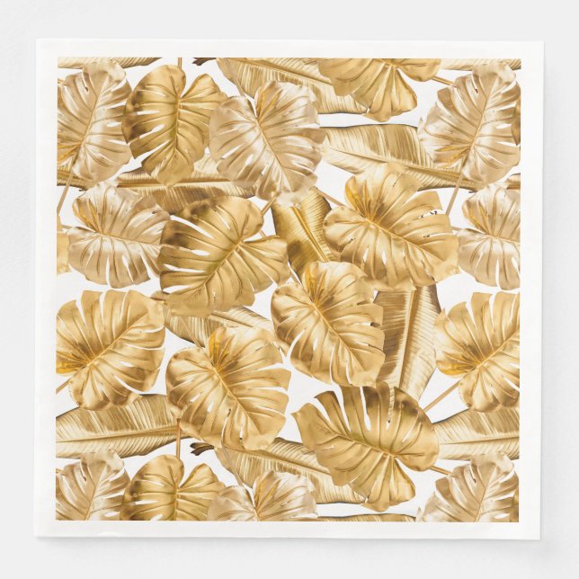 Aloha Tropical Gold Glitter Monstera Leaves Napkin (Front)