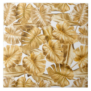 Aloha Tropical Gold Glitter Monstera Leaves Tile