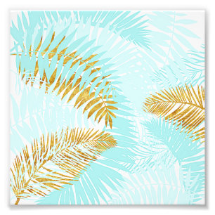 Aloha-Tropical Gold Metal Foil Aqua Palm Leaves Photo Print