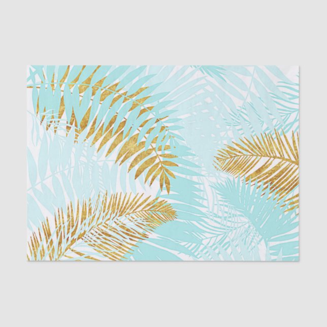 Aloha-Tropical Gold Metal Foil Aqua Palm Leaves Tissue Paper (Front)