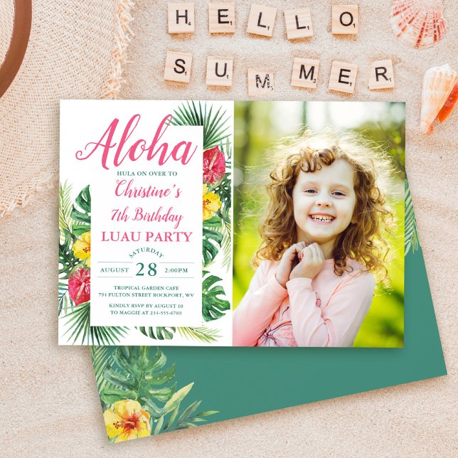 Aloha Tropical Greenery Luau Birthday Photo Invitation (Creator Uploaded)