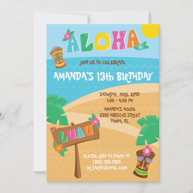 Aloha! Tropical, Hawaii Luau Themed Birthday Party Invitation (Front)