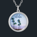 Aloha Tropical Hawaii Palm Trees Purple Mountains Silver Plated Necklace<br><div class="desc">“Aloha”. Drift back to the warm breezes of the Hawaiian Islands whenever you wear this chic, stylish, photo charm necklace of green palm trees gently blowing on the Big Island. This necklace comes in small, medium and large sizes, as well as both square and circle shapes. You can order this...</div>