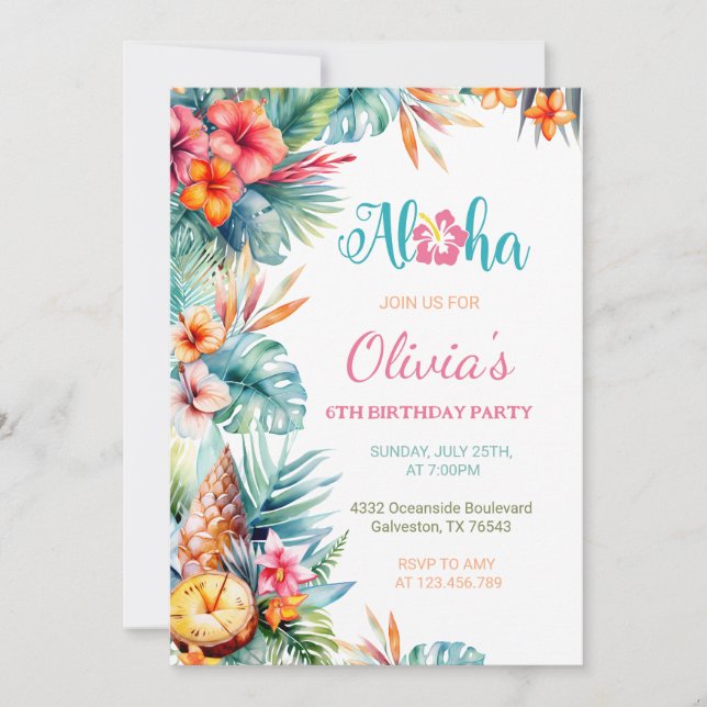 Aloha Tropical Hawaiian Floral Girl Birthday Party Invitation (Front)