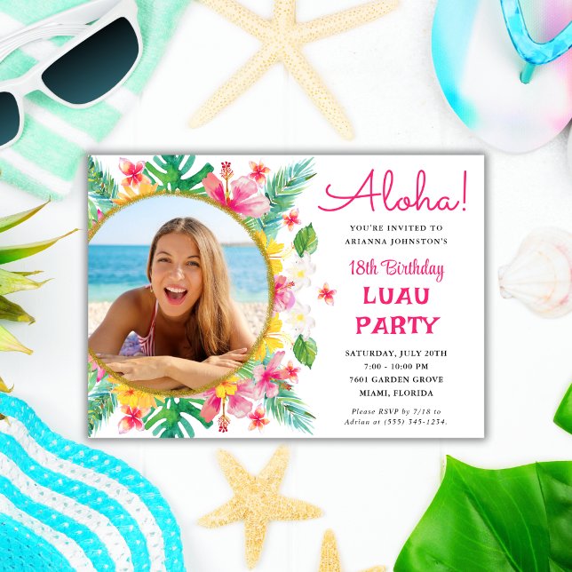 Aloha Tropical Hawaiian Luau Birthday Photo Invitation (Creator Uploaded)