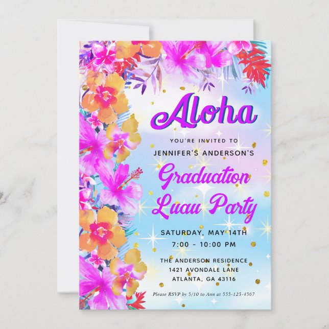 Aloha Tropical Hawaiian Luau Graduation Party Invitation (Front)