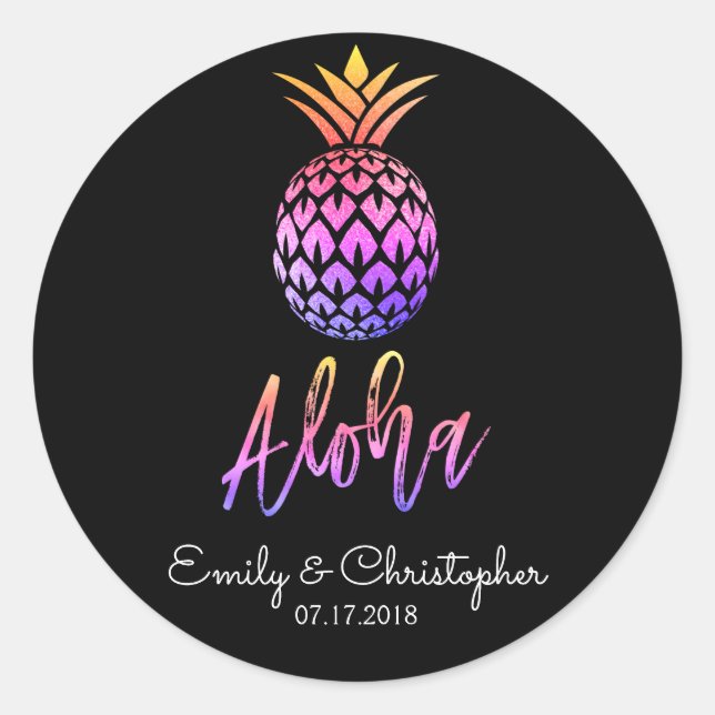 Aloha Tropical Hawaiian Pineapple Wedding Black Classic Round Sticker (Front)