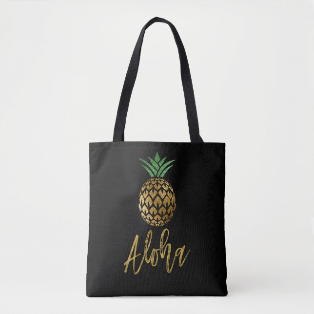 Aloha Tropical Hawaiian Pineapple Wedding Black Tote Bag (Front)