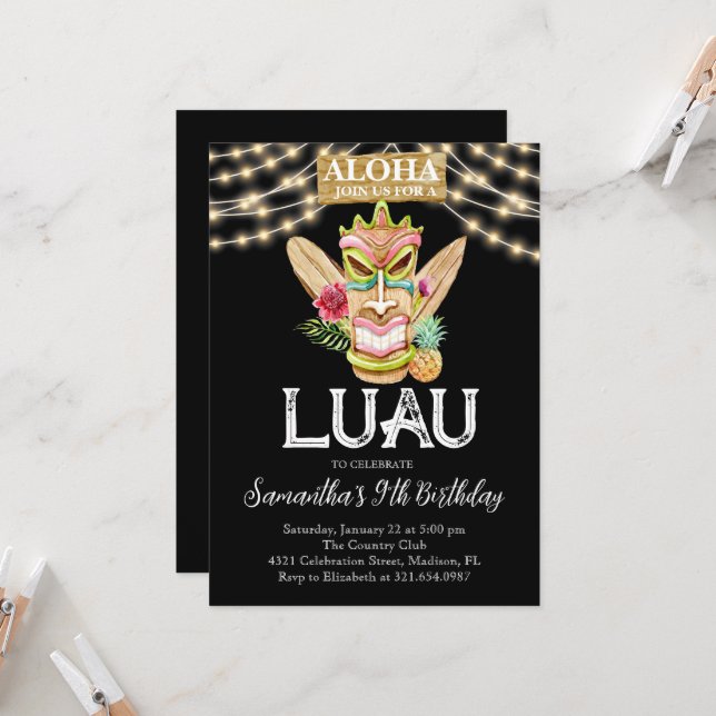 Aloha Tropical Hawaiian Tiki Luau Birthday Party  Invitation (Front/Back In Situ)