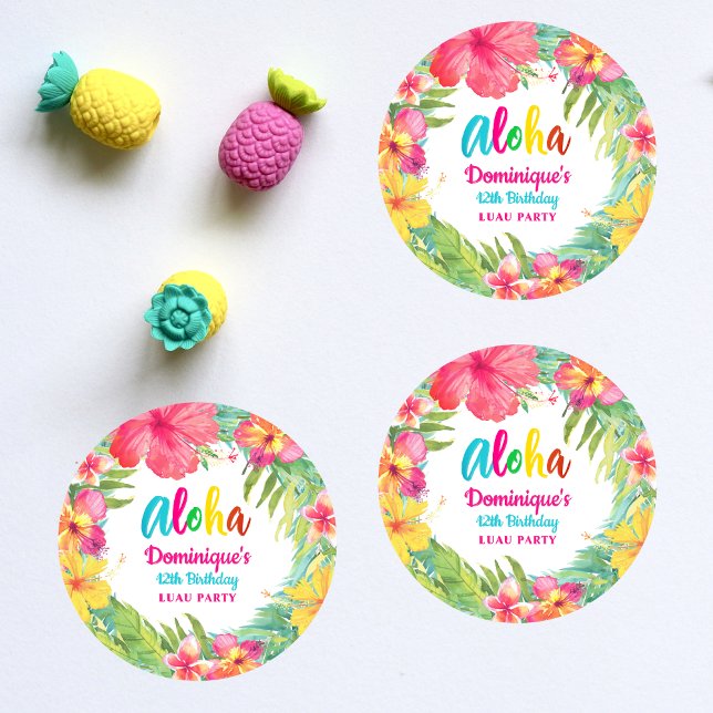 Aloha Tropical Hibiscus Flower Luau Birthday Classic Round Sticker (Creator Uploaded)