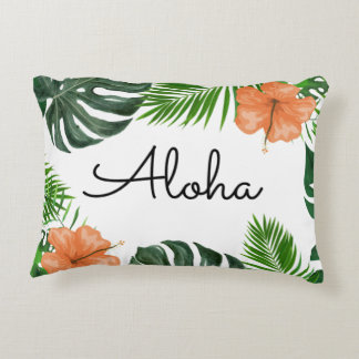 Aloha Tropical Leaf and Hibiscus Throw Pillow