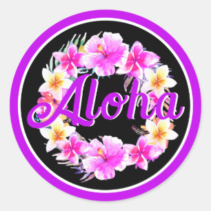 Aloha Tropical Luau Birthday Neon Purple Classic Round Sticker