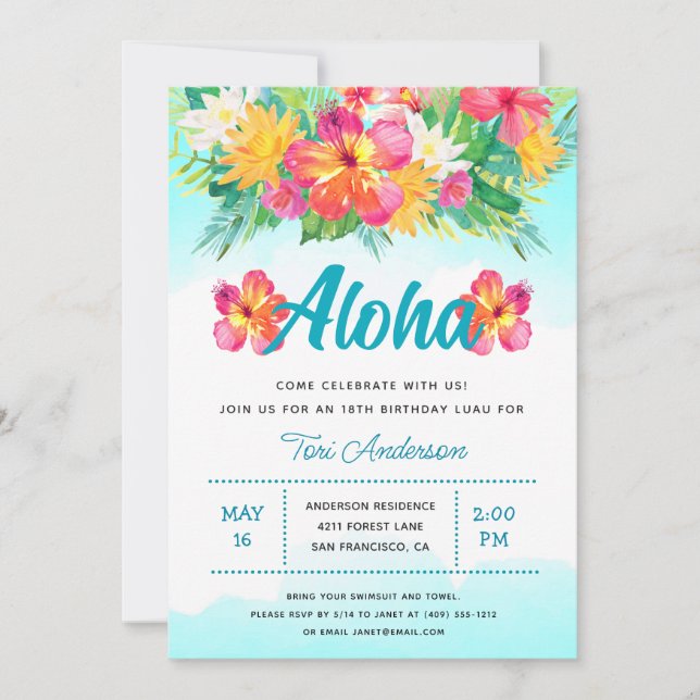 Aloha Tropical Luau Birthday Party Invitation (Front)
