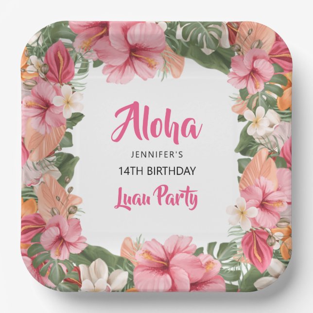 Aloha Tropical Luau Hibiscus Floral Birthday Party Paper Plate (Front)