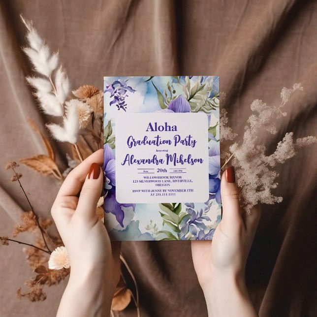 Aloha Tropical Luau Party Graduation Purple Invitation (Creator Uploaded)