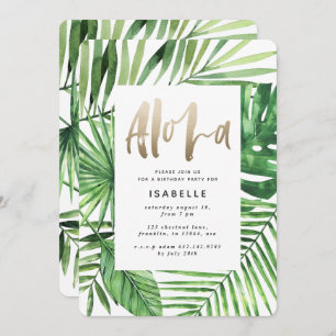 Aloha tropical palm & gold script birthday save the date