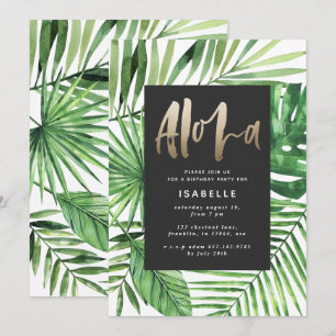 Aloha tropical palm & gold script party birthday save the date