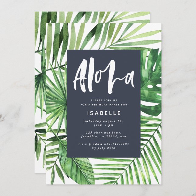 Aloha tropical palm leaf & script blue birthday save the date (Front/Back)