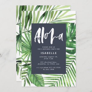 Aloha tropical palm leaf & script blue birthday save the date
