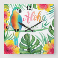 Aloha Tropical Parrot Hibiscus Palm Square Wall Cl