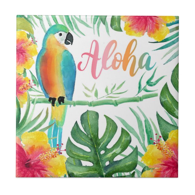 Aloha Tropical Parrot Hibiscus Palm  Tile (Front)