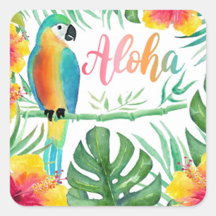 Aloha Tropical Parrot Hibiscus Palms Square Sticker