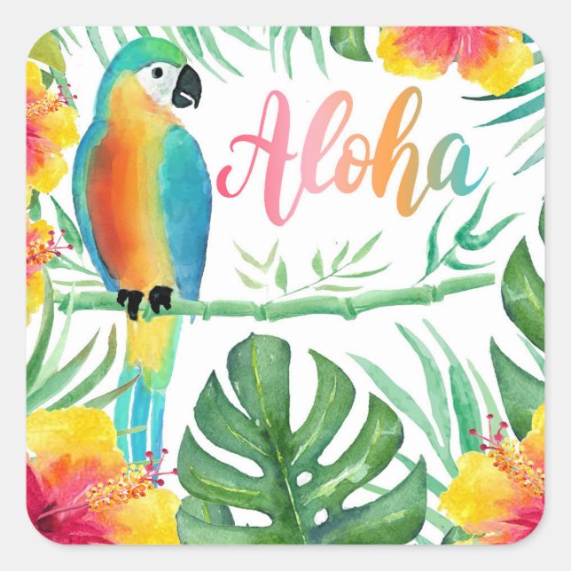 Aloha Tropical Parrot Hibiscus Palms  Square Sticker (Front)