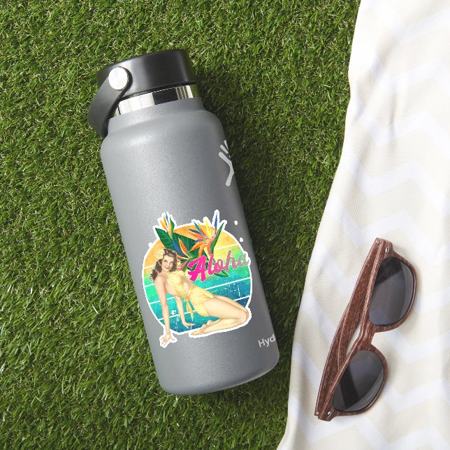 Aloha Tropical Pin-up girl retro sunset art (HydroFlask Insitu)