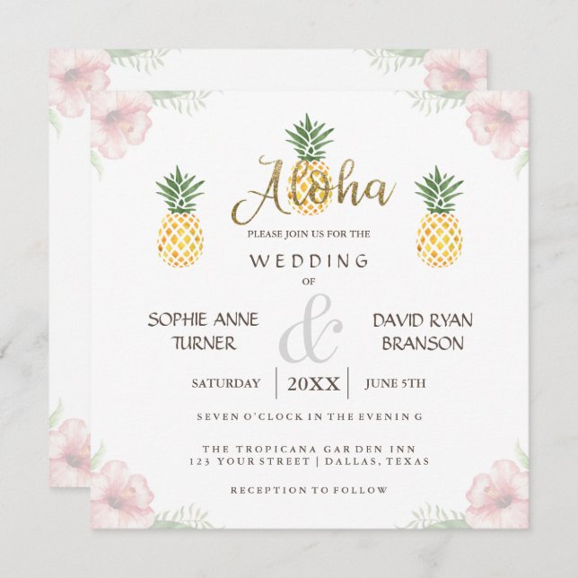 Aloha Tropical Pineapple Beach Wedding Invite (Front/Back)