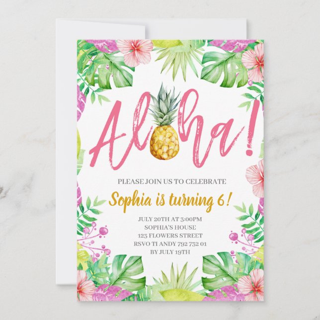 Aloha! Tropical Pineapple Girl Birthday Party Invitation (Front)
