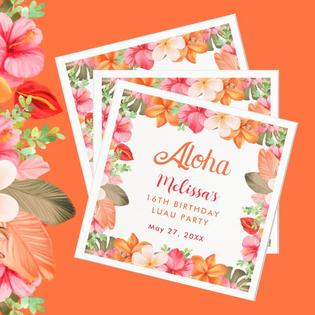 Aloha Tropical Pink & Coral Floral Luau Birthday  Napkin (Creator Uploaded)