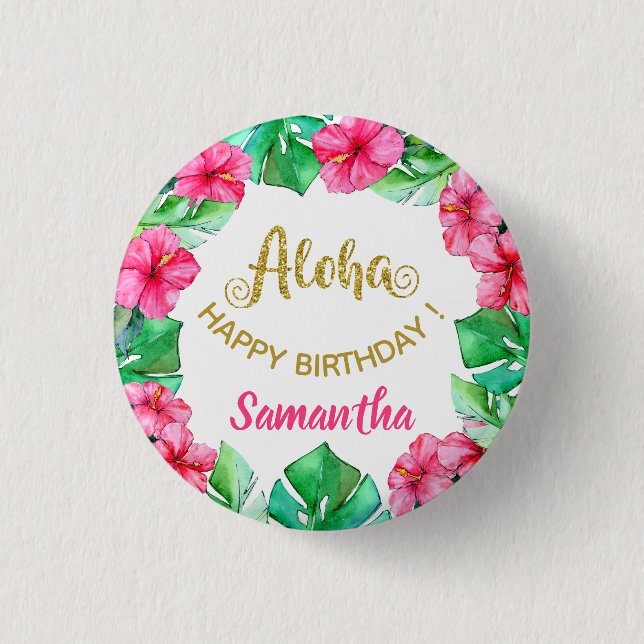 Aloha Tropical Pink Gold Hibiscus Birthday Party   3 Cm Round Badge (Front)