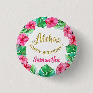Aloha Tropical Pink Gold Hibiscus Birthday Party 3 Cm Round Badge