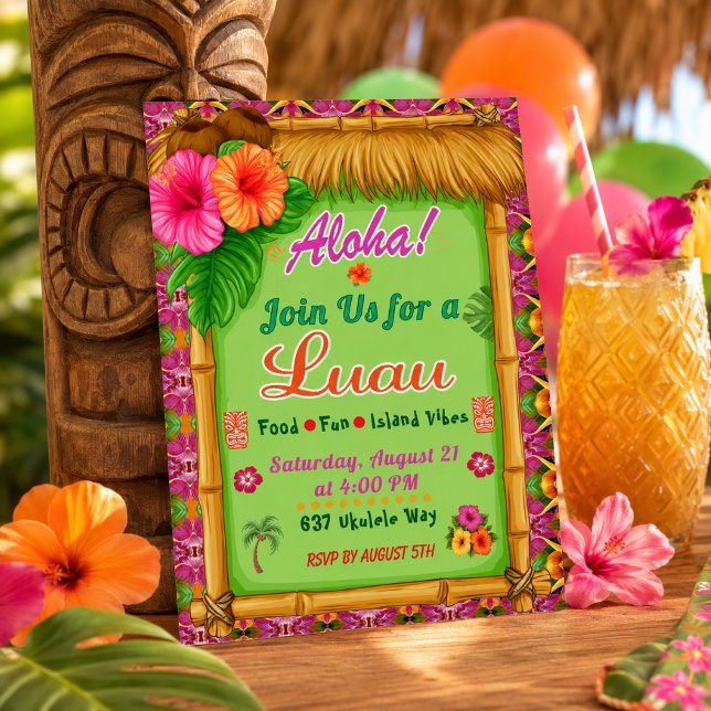Aloha Tropical Pink Green Luau Invitation (Festive Tropical Luau Celebration Invitation )