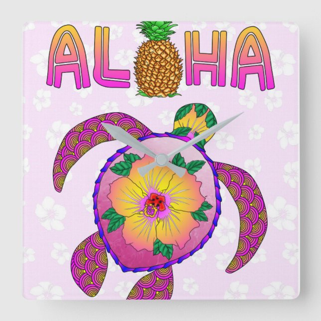 Aloha Tropical Turtle Square Wall Clock (Front)