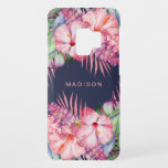 Aloha Tropical Watercolor Floral with Your Name Case-Mate Samsung Galaxy S9 Case<br><div class="desc">An alluring tropical floral design with a combination of watercolor flowers and foliage including hibiscus, ginger blossoms, palm fronds and tropical leaves. Colours include pink, peach, magenta, violet, blue and green over a navy blue background. Personalise with your desired name, monogram or other text. You can also delete the sample...</div>