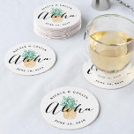 Aloha Tropical Watercolor Pineapple Round Paper Coaster<br><div class="desc">Tropical chic coasters for your wedding, rehearsal dinner, engagement party or welcome party feature "Aloha" in black modern calligraphy lettering, overlaid on a pineapple illustration in summery green and golden yellow. Personalise with your names and wedding date in curved text at the top and bottom. Perfect for Hawaii weddings, destination...</div>