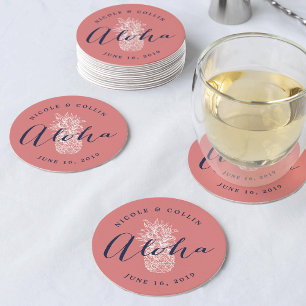 Aloha Tropical Watercolor Pineapple Round Paper Coaster