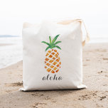 Aloha Tropical Watercolor Pineapple Tote Bag<br><div class="desc">Cute tote bag design features a pineapple illustration, the traditional symbol of hospitality, in sheer, pretty watercolors. Dark grey calligraphy script lettering defaults to "aloha, " but you can easily replace the text and personalise with a name or message. Makes a great welcome bag or favour for Hawaii weddings or...</div>