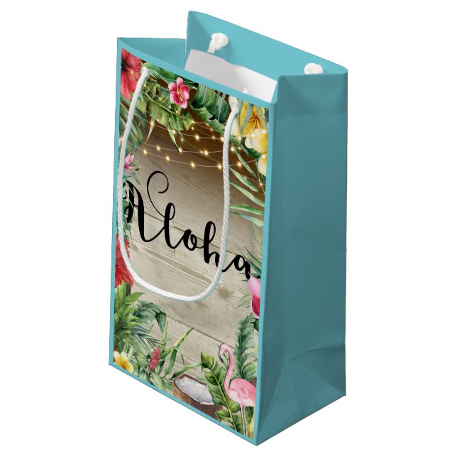 Aloha Tropical Wood Floral Leaves & Lights Luau Small Gift Bag (Back Angled)
