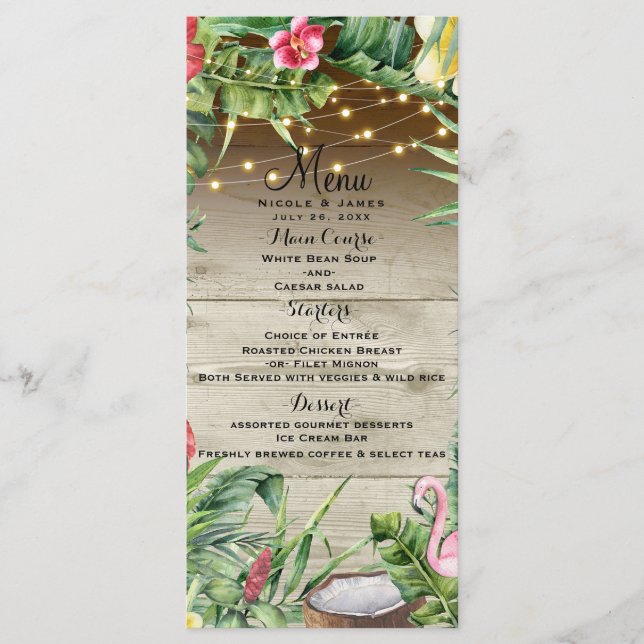 Aloha Tropical Wood Floral Leaves Lights Menu (Front)