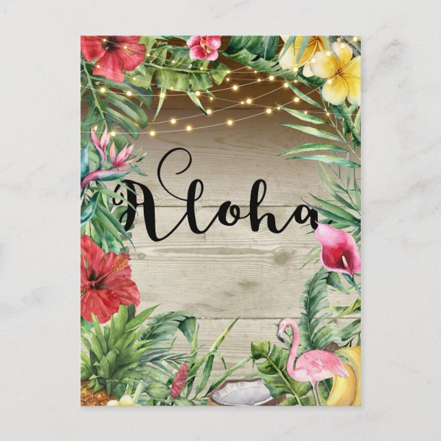 Aloha Tropical Wood Floral Leaves & Lights Summer Announcement Postcard (Front)
