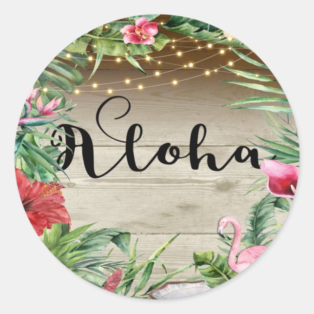 Aloha Tropical Wood Floral Leaves & Lights Wedding Classic Round Sticker (Front)