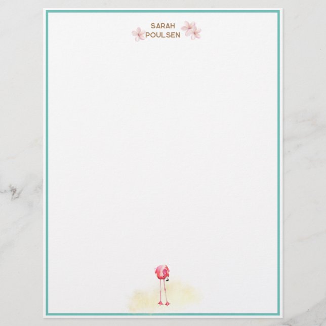 Aloha Watercolor Flamingo Plumeria Custom Letterhead (Front)