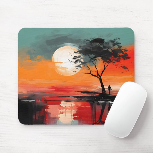 Alone by the Lake – Abstract Sunset Landscape Art Mouse Pad (With Mouse)
