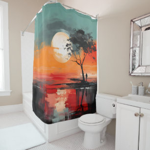 Alone by the Lake – Abstract Sunset Landscape Art Shower Curtain