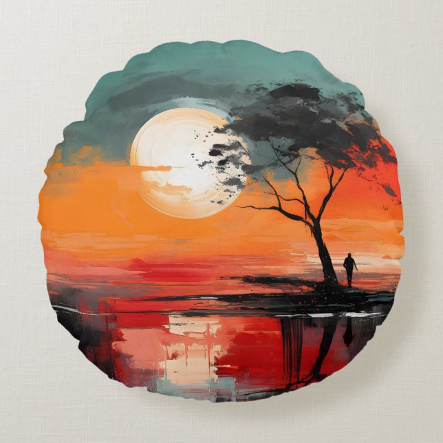 Alone by the Lake – Solitude at Sunset Round Cushion (Front)
